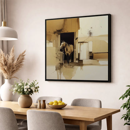 Sepia Stable Threshold horse stable wall art displayed in a dining room