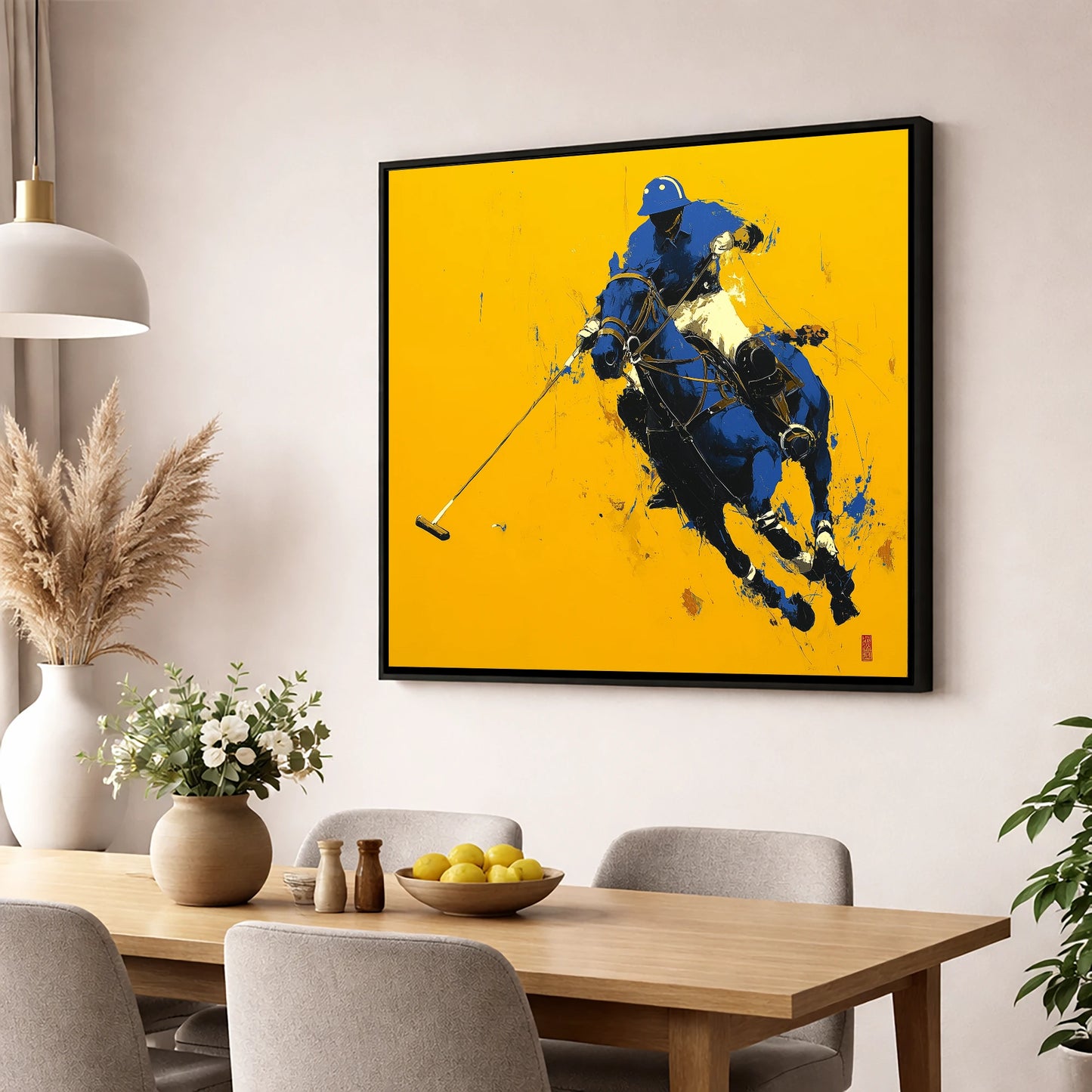 Cobalt Chukka polo horse wall art displayed in a dining room