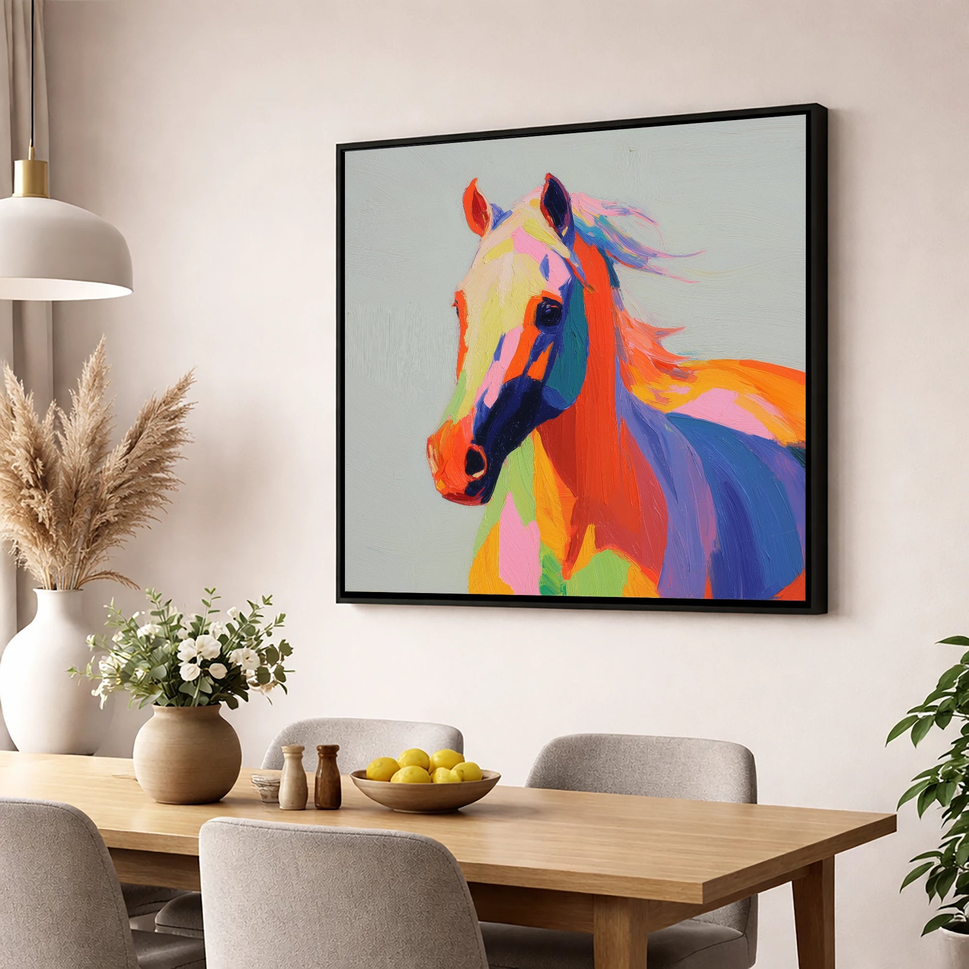 Vivid Equine Spirit horse breed wall art displayed in a dining room