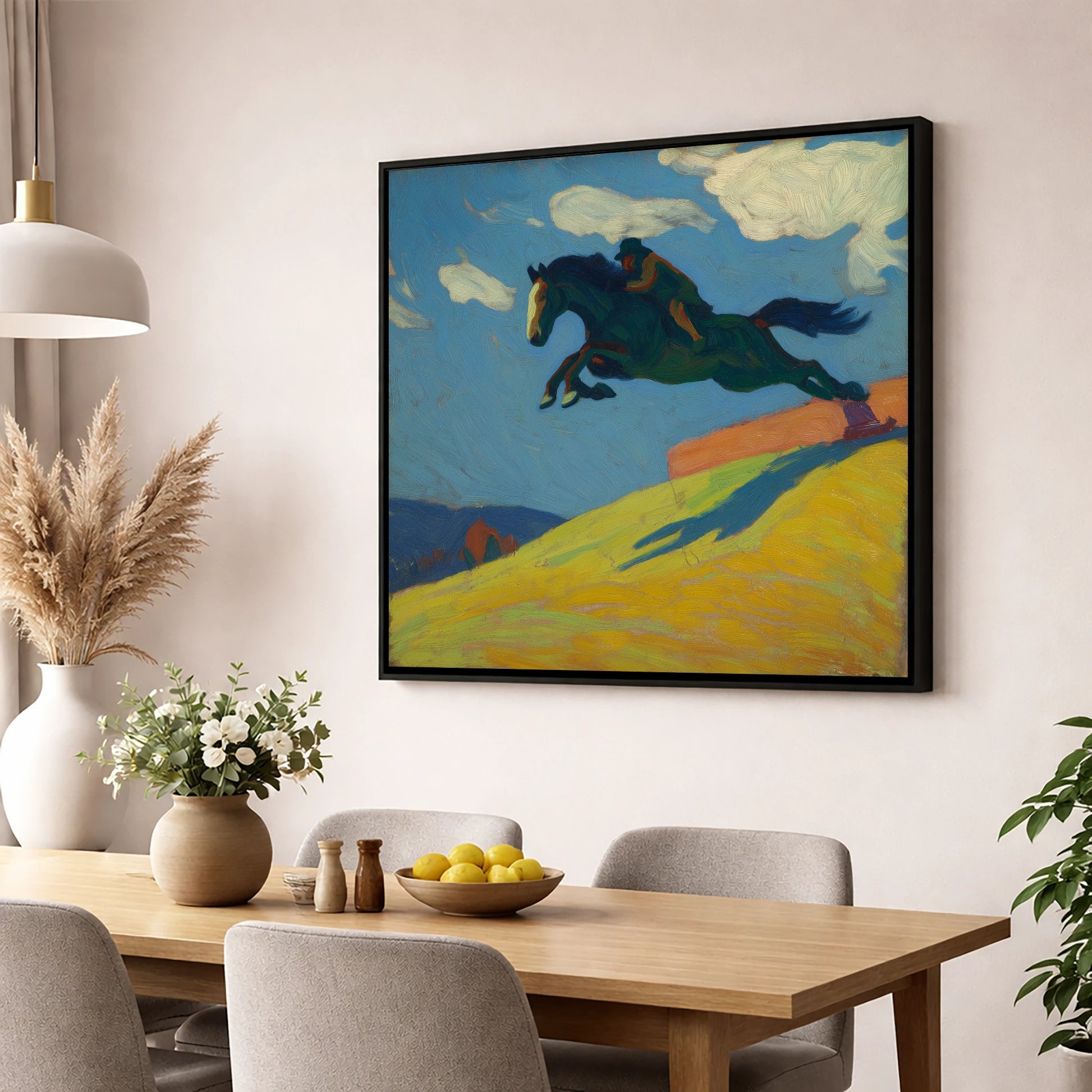 Airborne Splendour show jumping horse wall art displayed in a dining room
