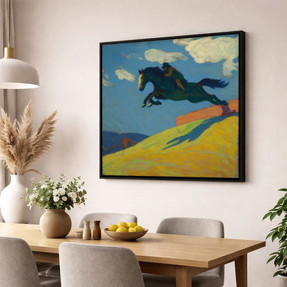 Airborne Splendour show jumping horse wall art displayed in a dining room