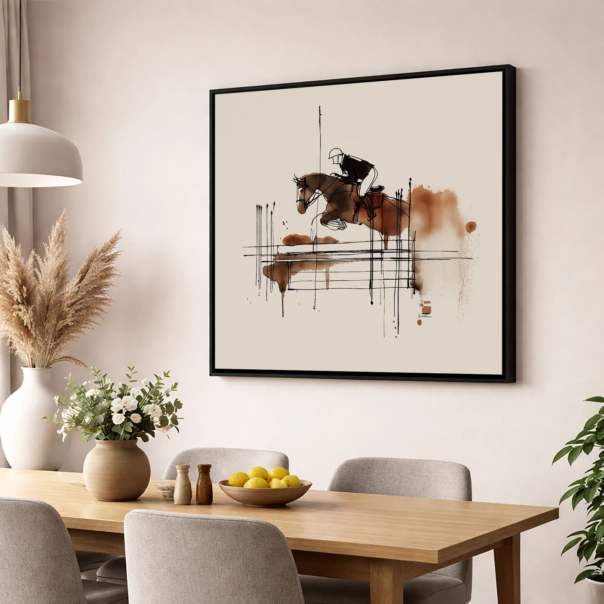 Fluidity in Flight show jumping horse wall art displayed in a dining room