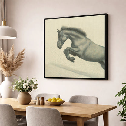 Etched in Flight show jumping horse wall art displayed in a dining room
