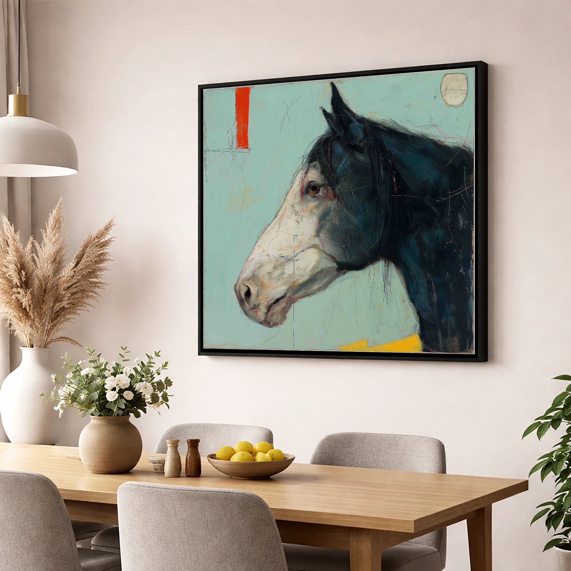 Abstract Equine Profile horse portrait wall art displayed in a dining room