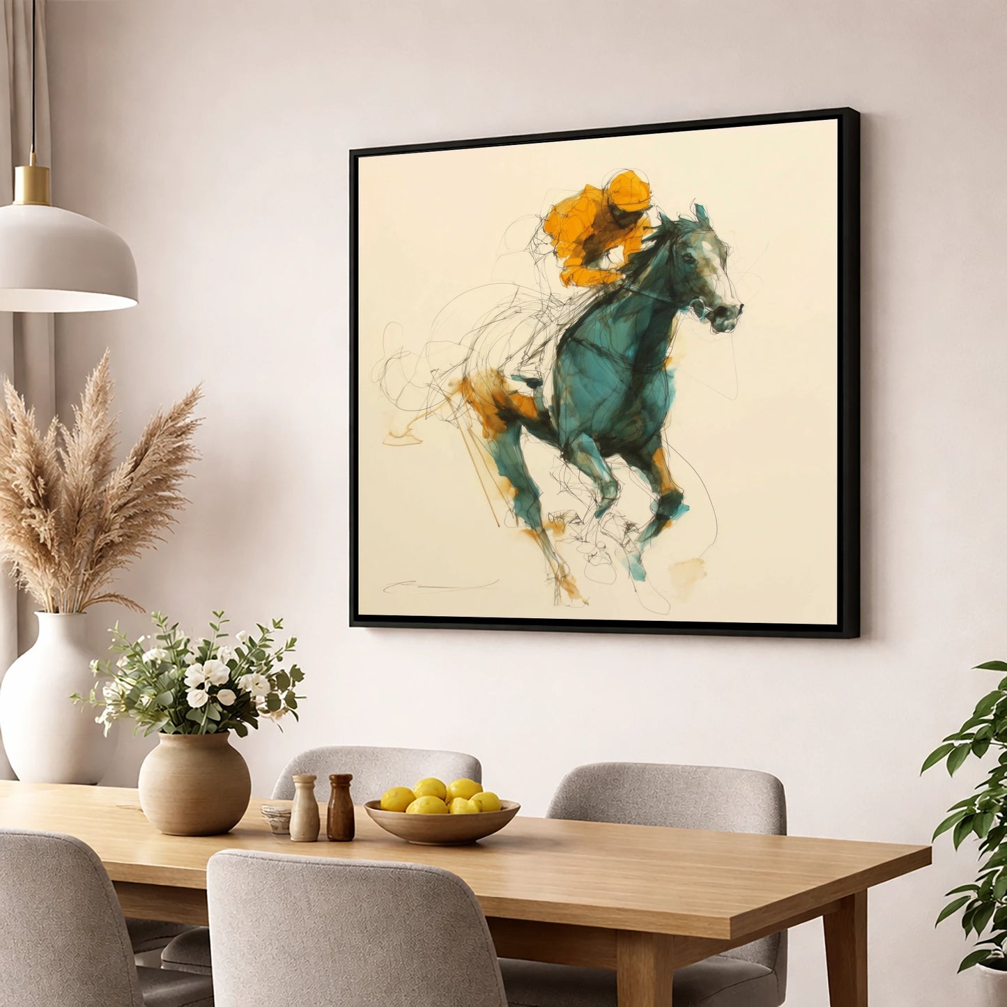 The Amber Surge racing horse wall art displayed in a dining room