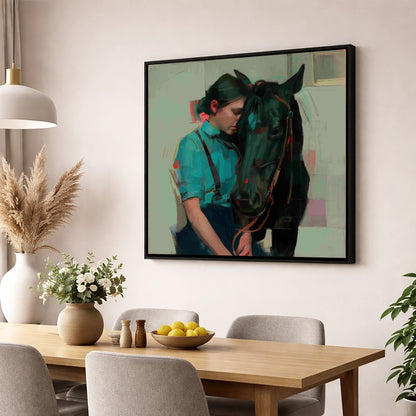 A Quiet Understanding horse & rider wall art displayed in a dining room