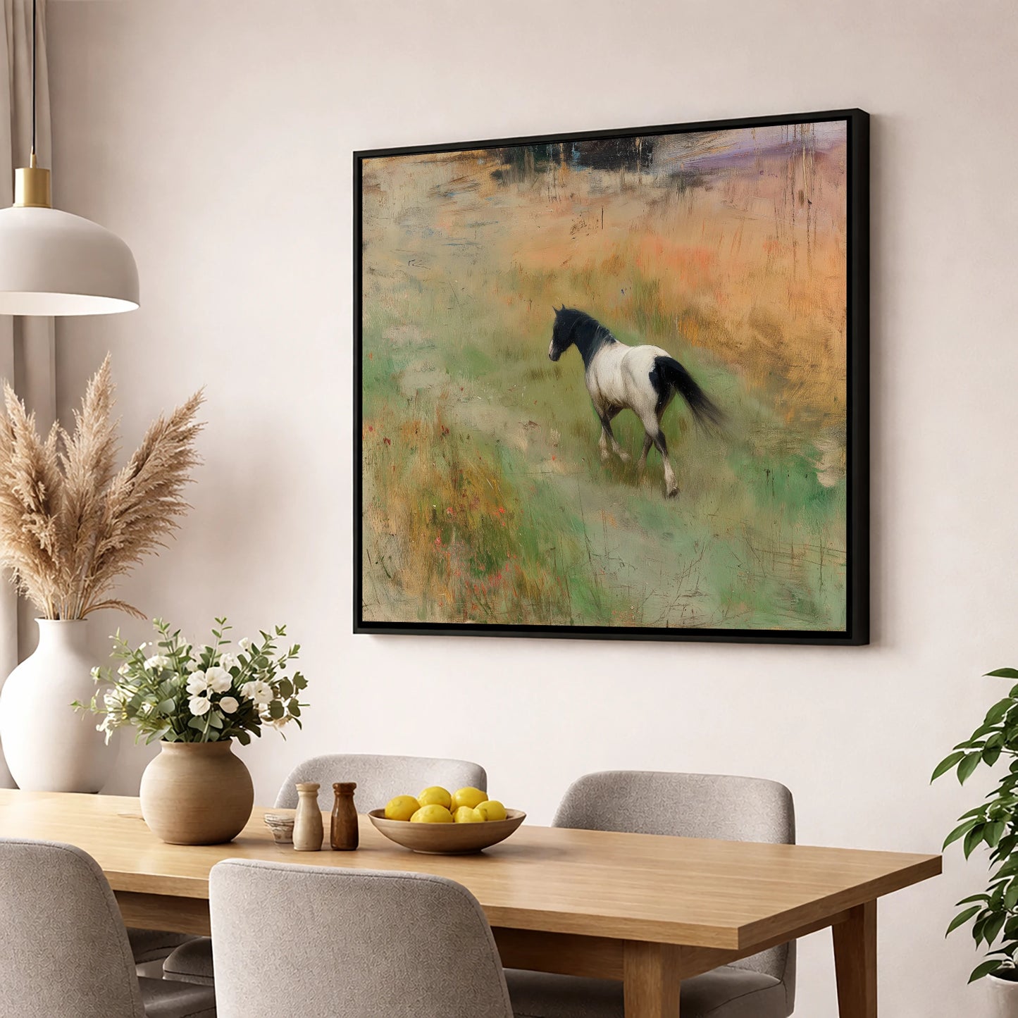 Wandering Piebald horse landscape wall art displayed in a dining room
