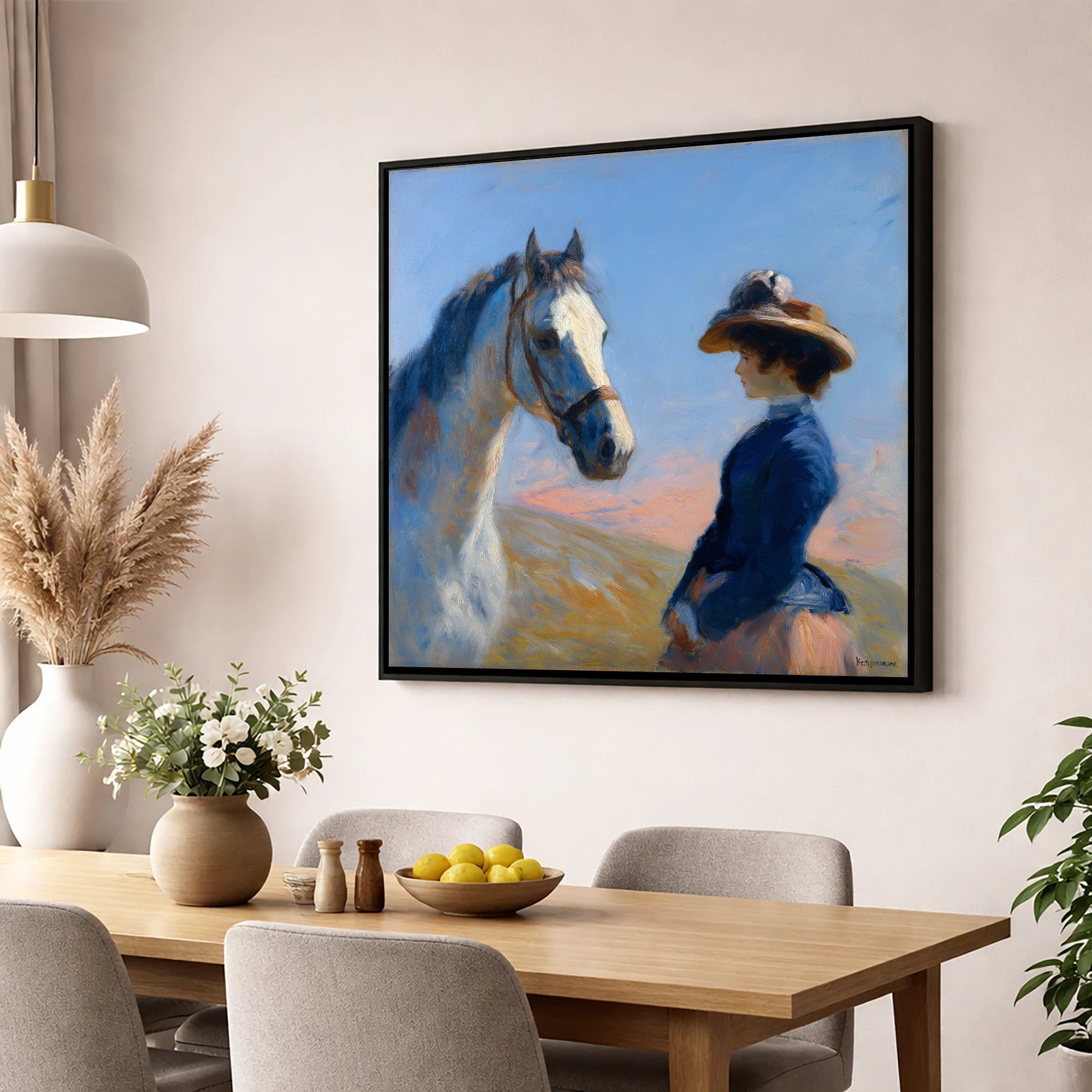 The Golden Gaze horse & rider wall art displayed in a dining room