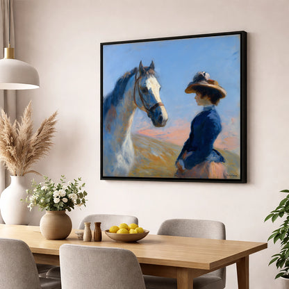 The Golden Gaze horse & rider wall art displayed in a dining room