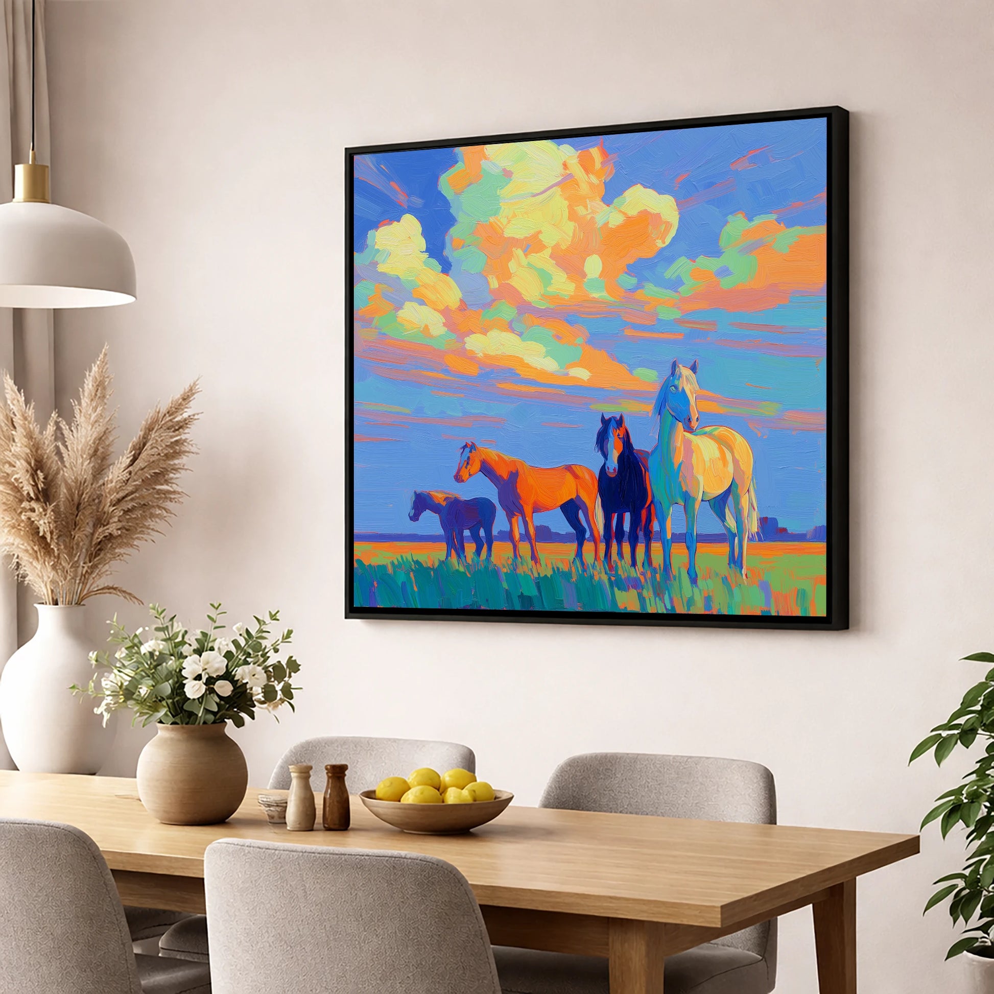 Painted Horizon Herd horse landscape wall art displayed in a dining room