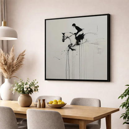 Airborne Elegance show jumping horse wall art displayed in a dining room