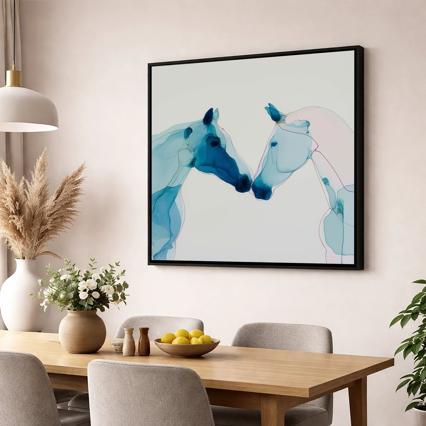 Azure Affinity horse portrait wall art displayed in a dining room