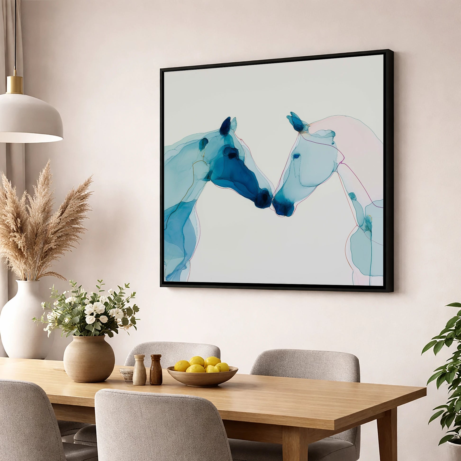 Azure Affinity horse portrait wall art displayed in a dining room