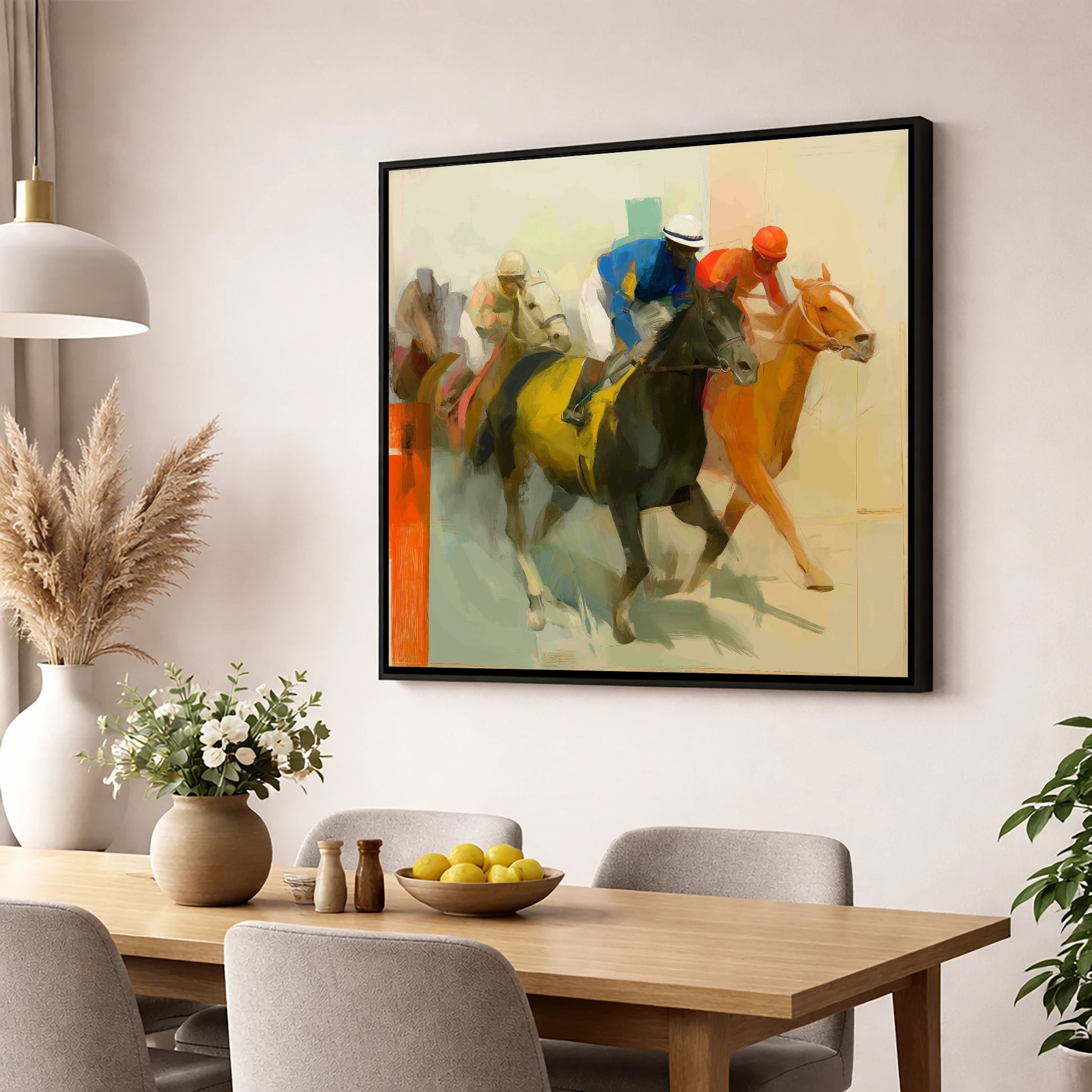 Colours of the Turf racing horse wall art displayed in a dining room