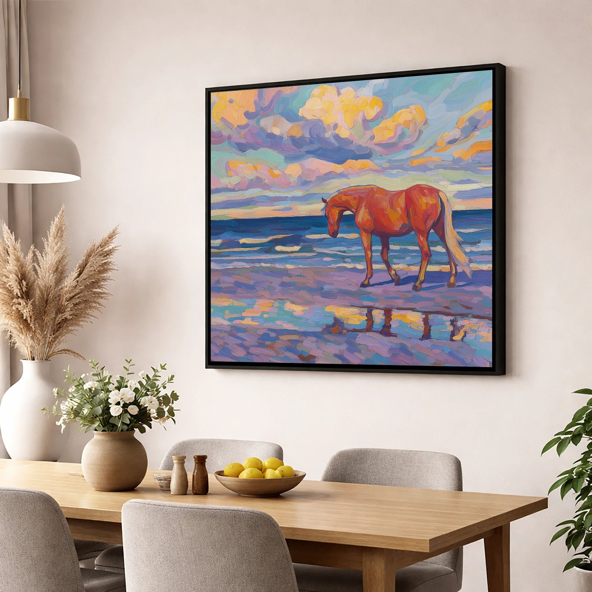 Vivid Coastal Solitude horse landscape wall art displayed in a dining room