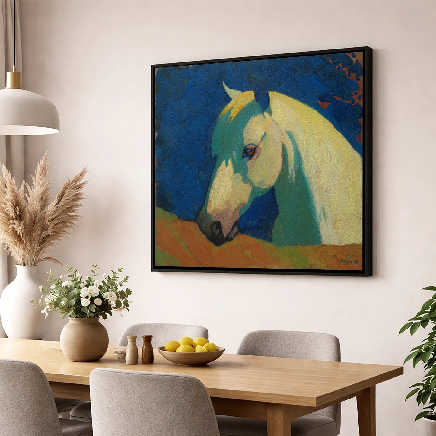 The Vibrant Grey horse portrait wall art displayed in a dining room