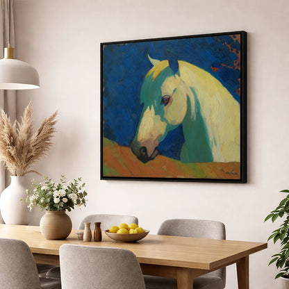 The Vibrant Grey horse portrait wall art displayed in a dining room