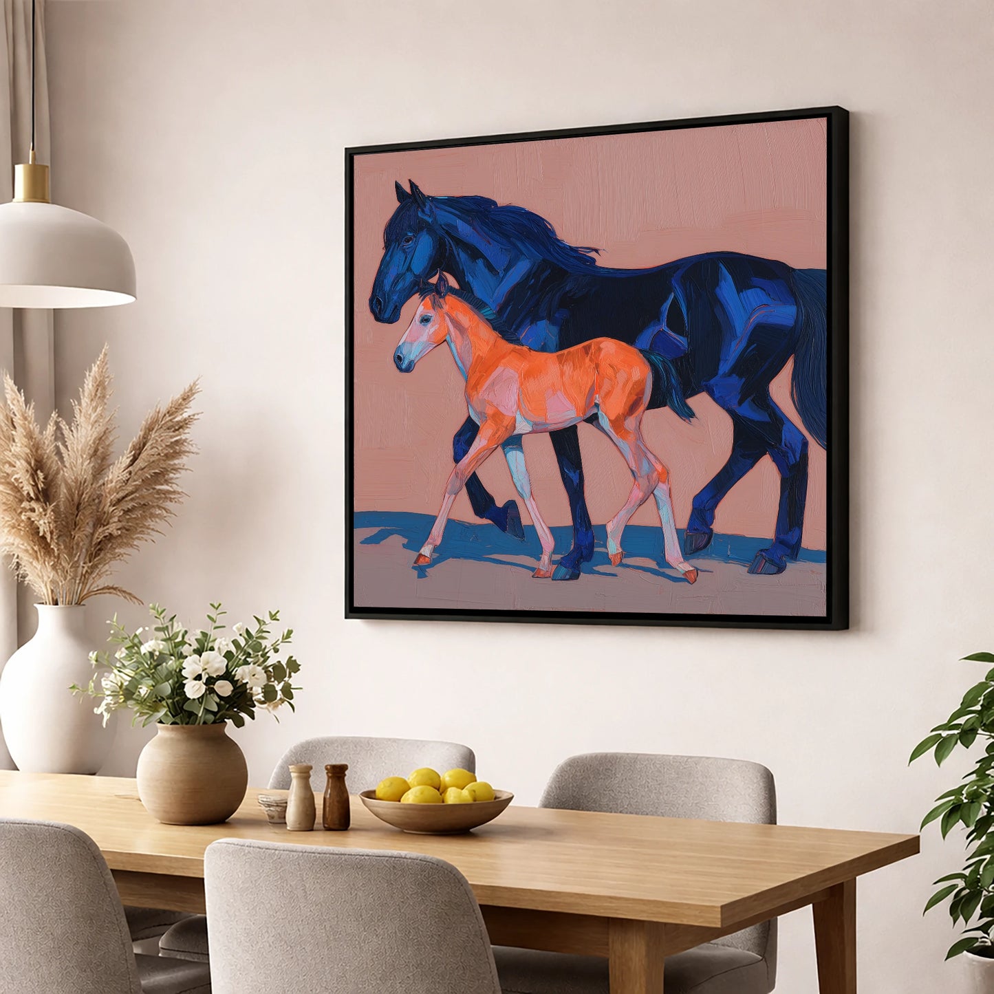 Cobalt and Coral mare & foal wall art displayed in a dining room