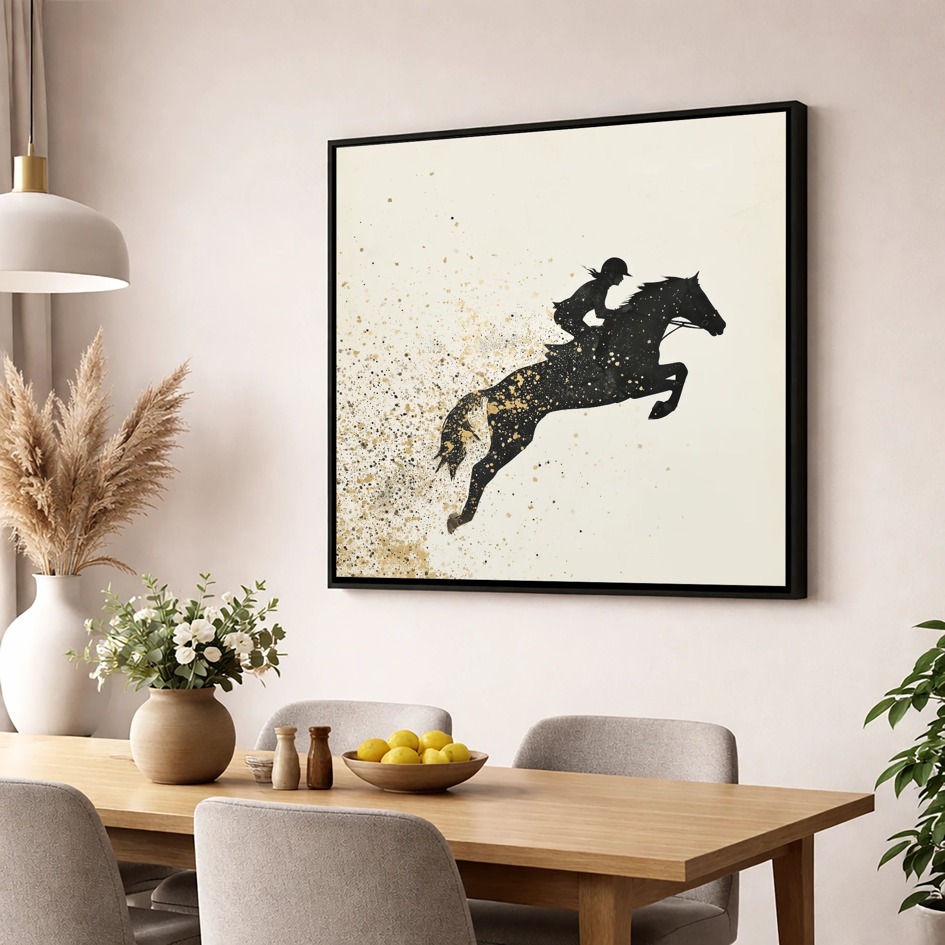 Airborne in Gold show jumping horse wall art displayed in a dining room