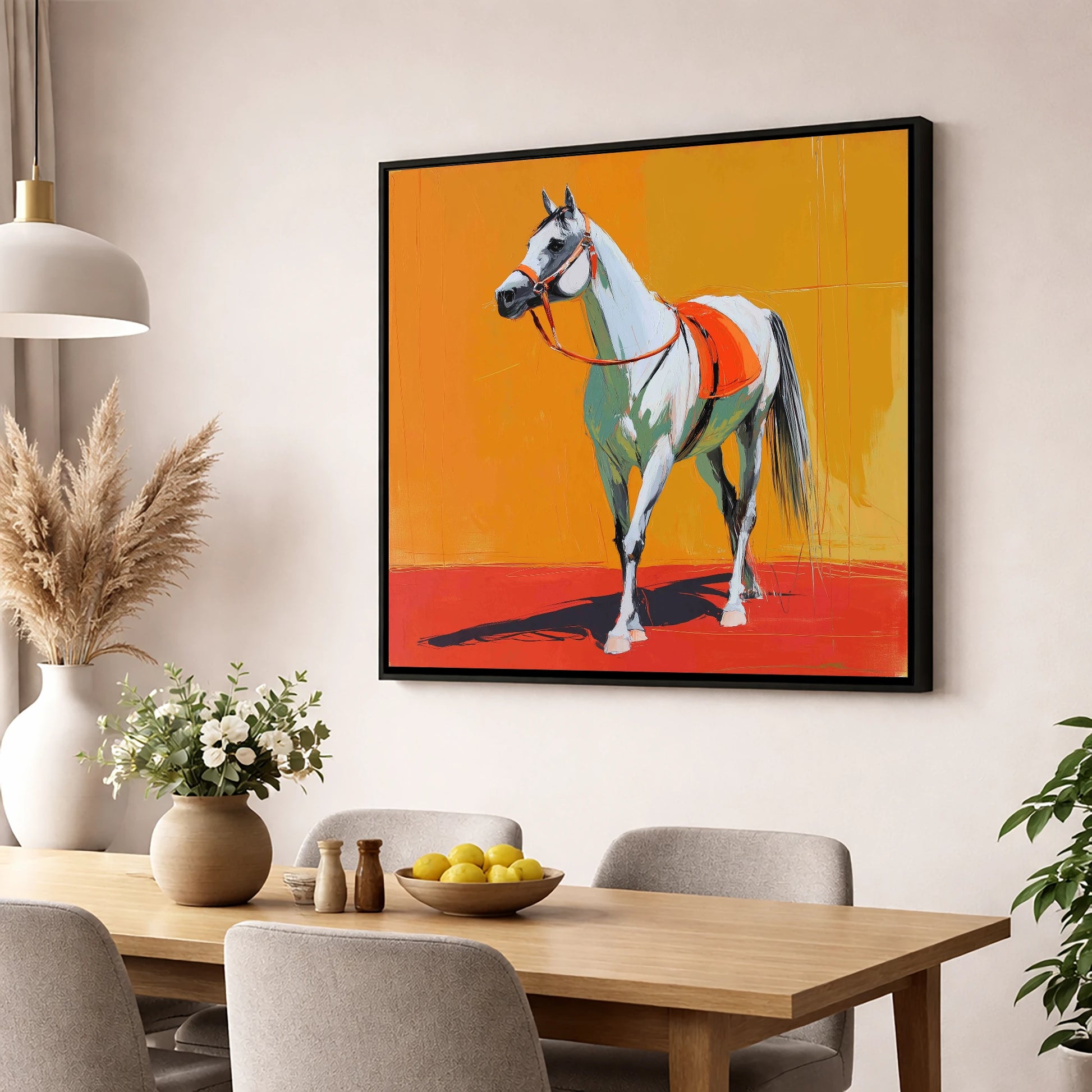 Sunlit Grey Arabian horse breed wall art displayed in a dining room