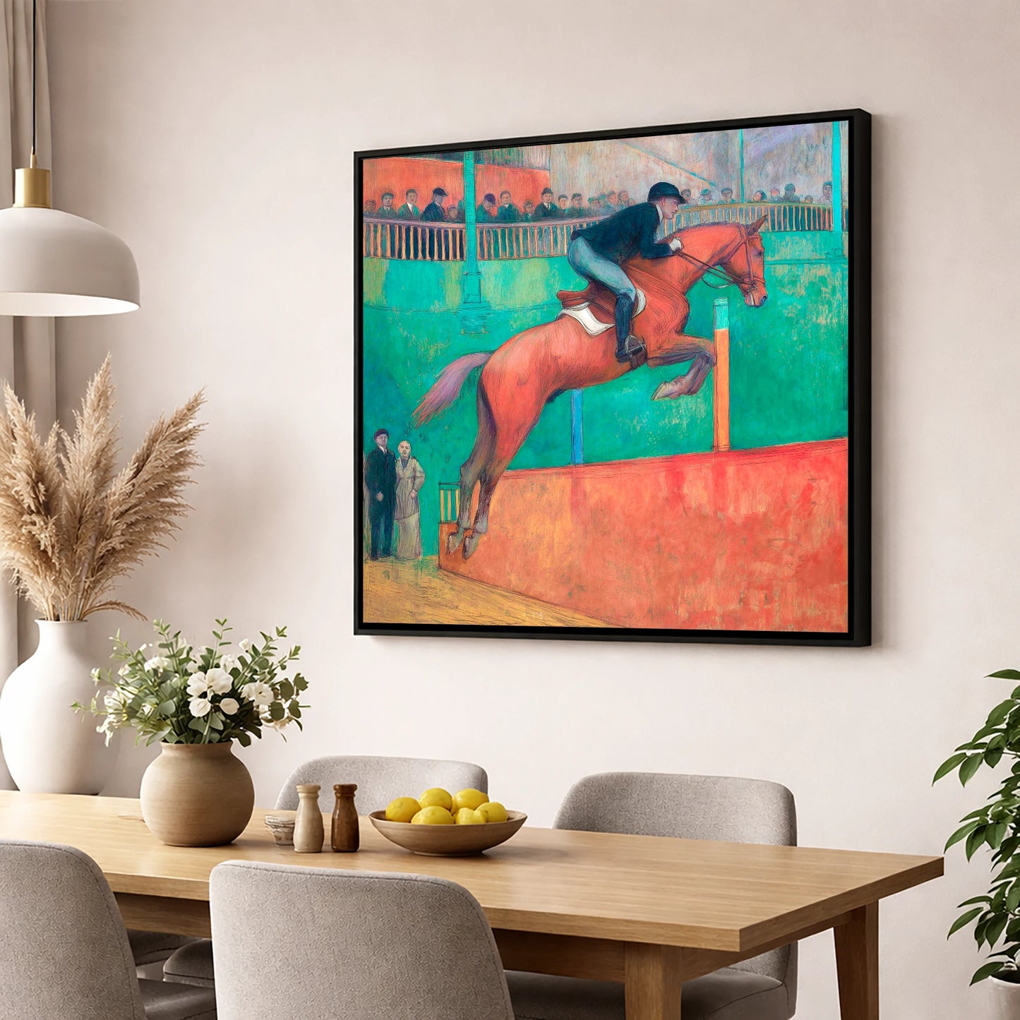 Emerald Arena Flight show jumping horse wall art displayed in a dining room