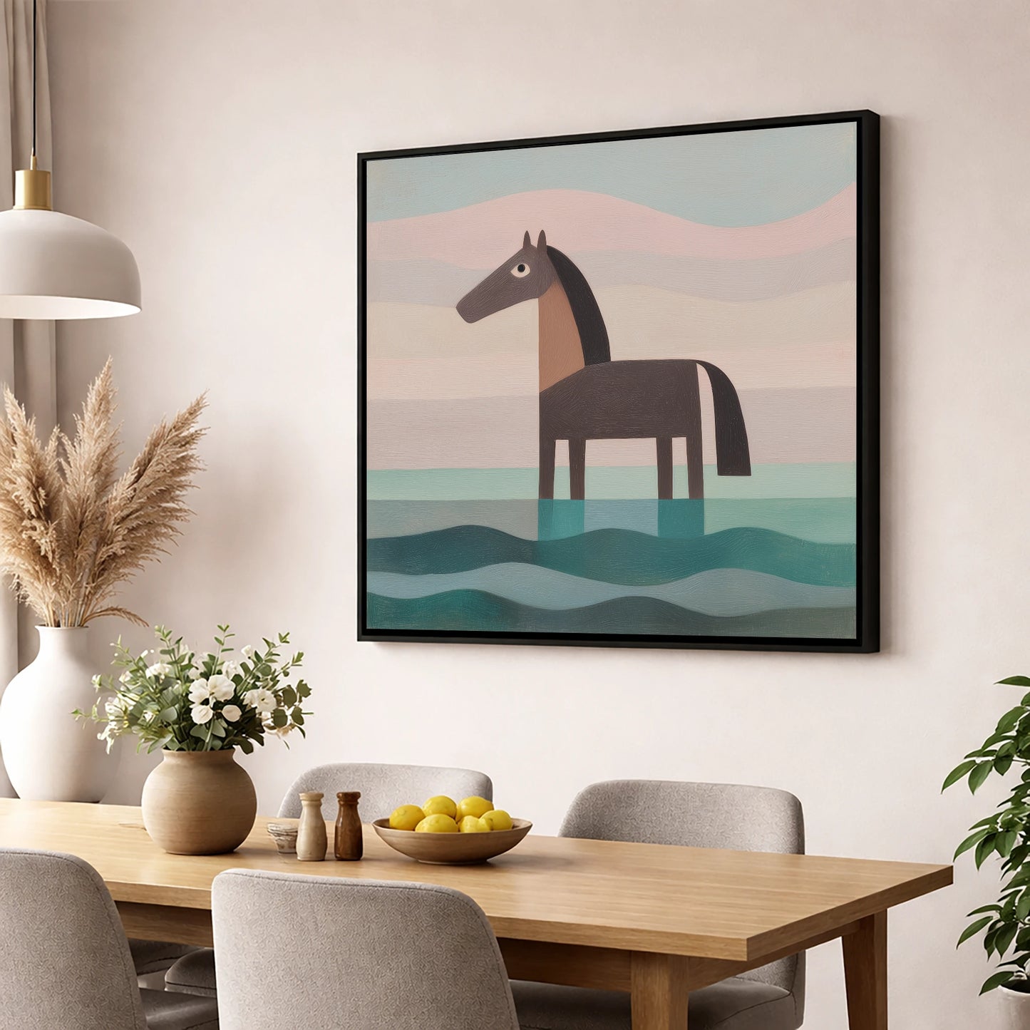 Stillness in the Shallows beach horse wall art displayed in a dining room
