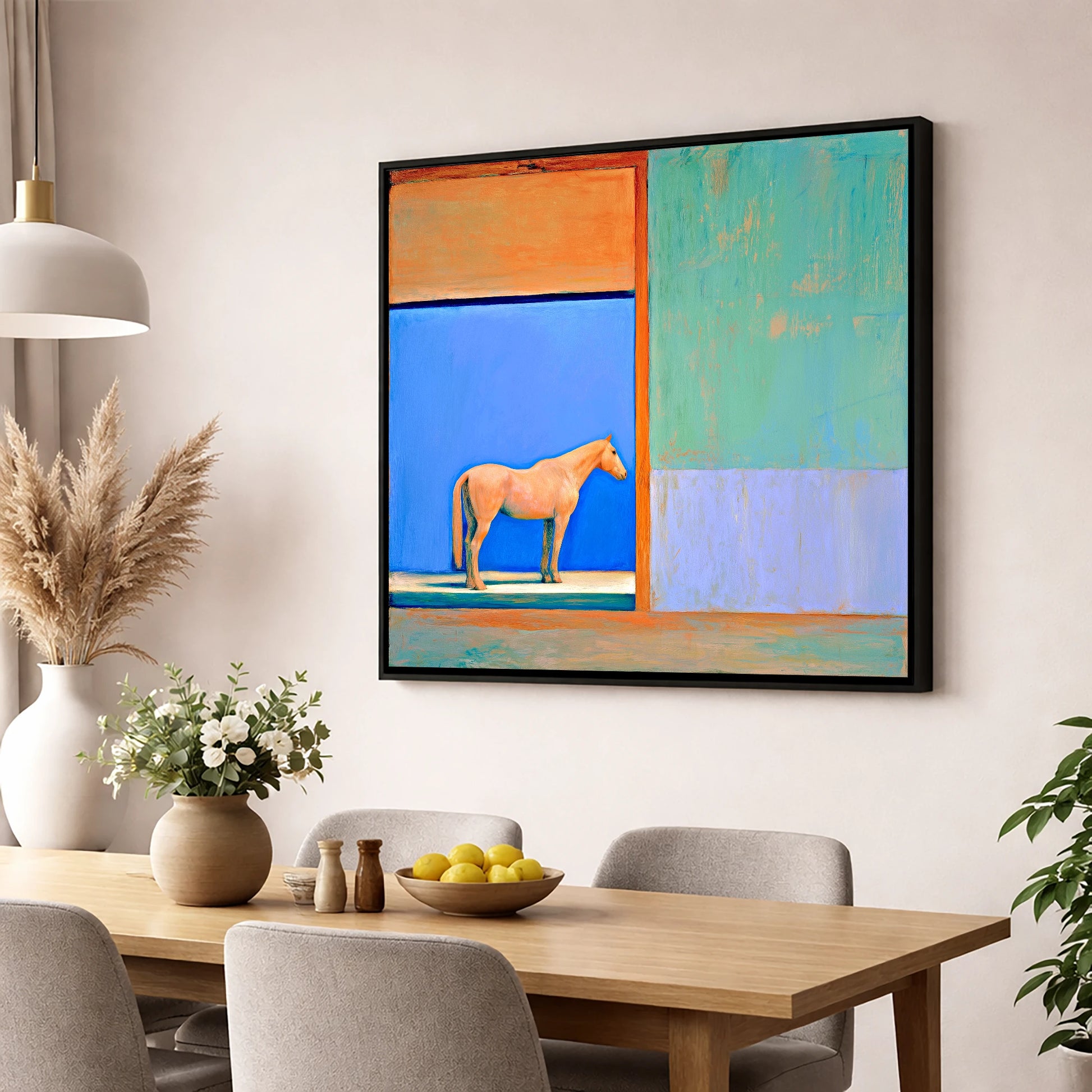 Cobalt Stable Light horse stable wall art displayed in a dining room