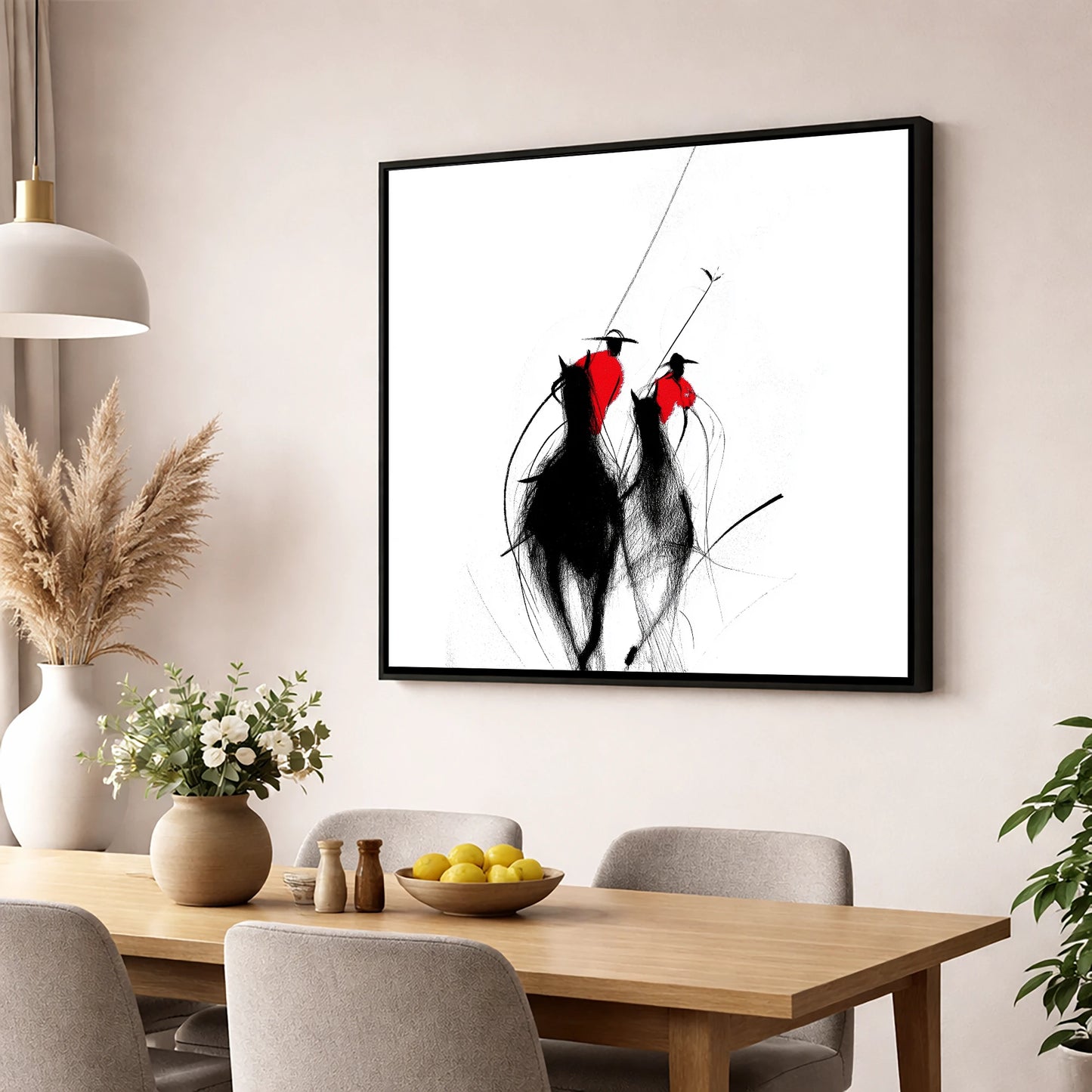 The Crimson Chukka polo horse wall art displayed in a dining room