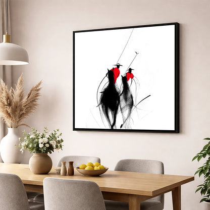 The Crimson Chukka polo horse wall art displayed in a dining room