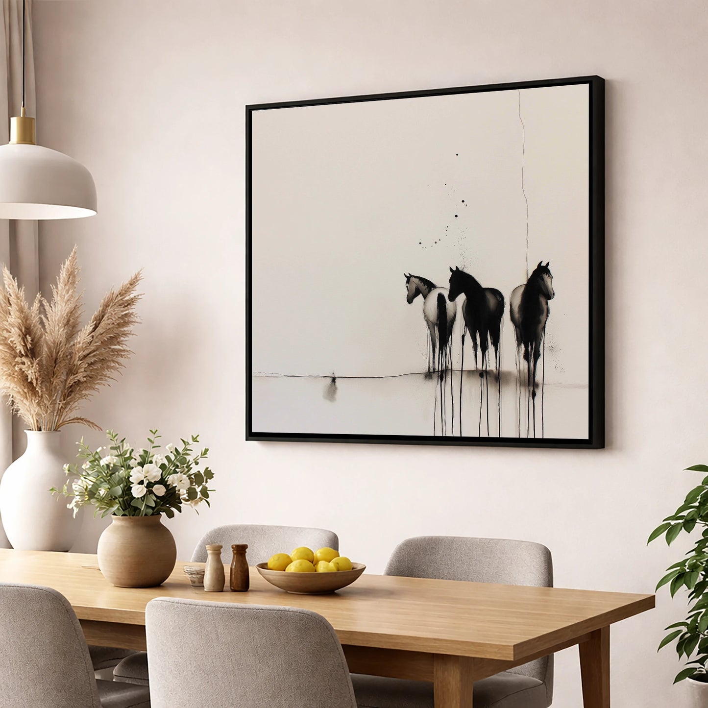 Three Silent Silhouettes horse landscape wall art displayed in a dining room