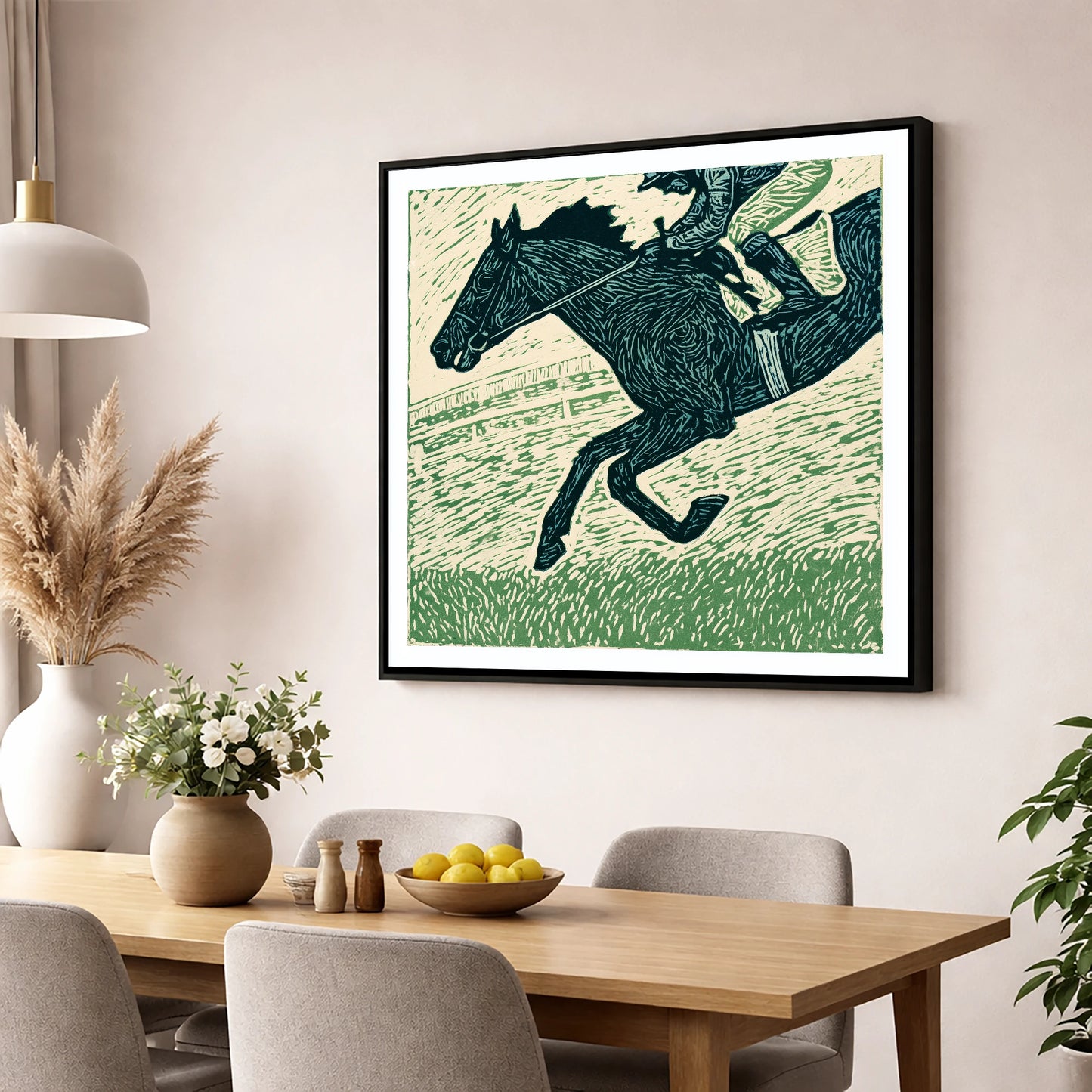 Thunder on the Turf racing horse wall art displayed in a dining room