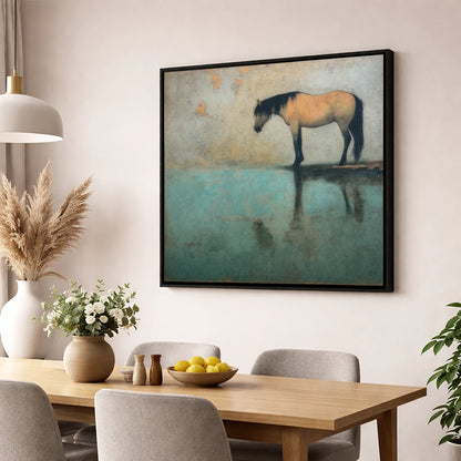 Tranquil Waters Reflection horse landscape wall art displayed in a dining room