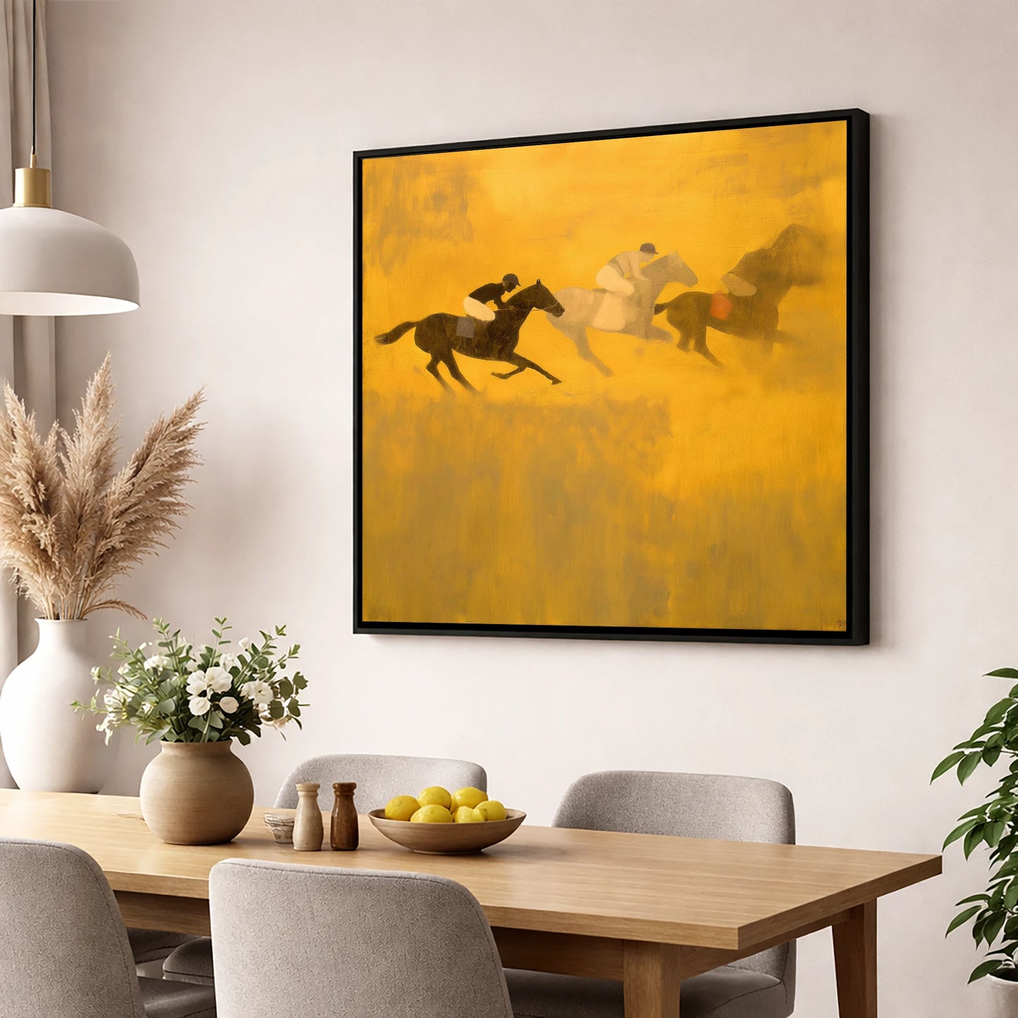 Golden Dust Runners racing horse wall art displayed in a dining room