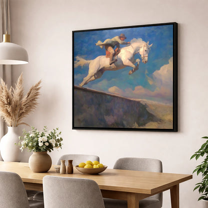 Skyward Bound show jumping horse wall art displayed in a dining room