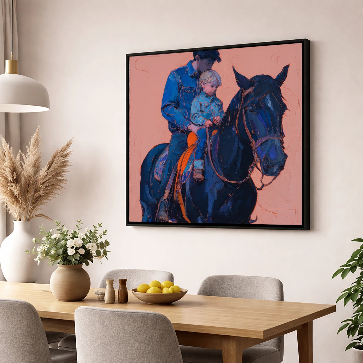 Safe in the Saddle horse & rider wall art displayed in a dining room