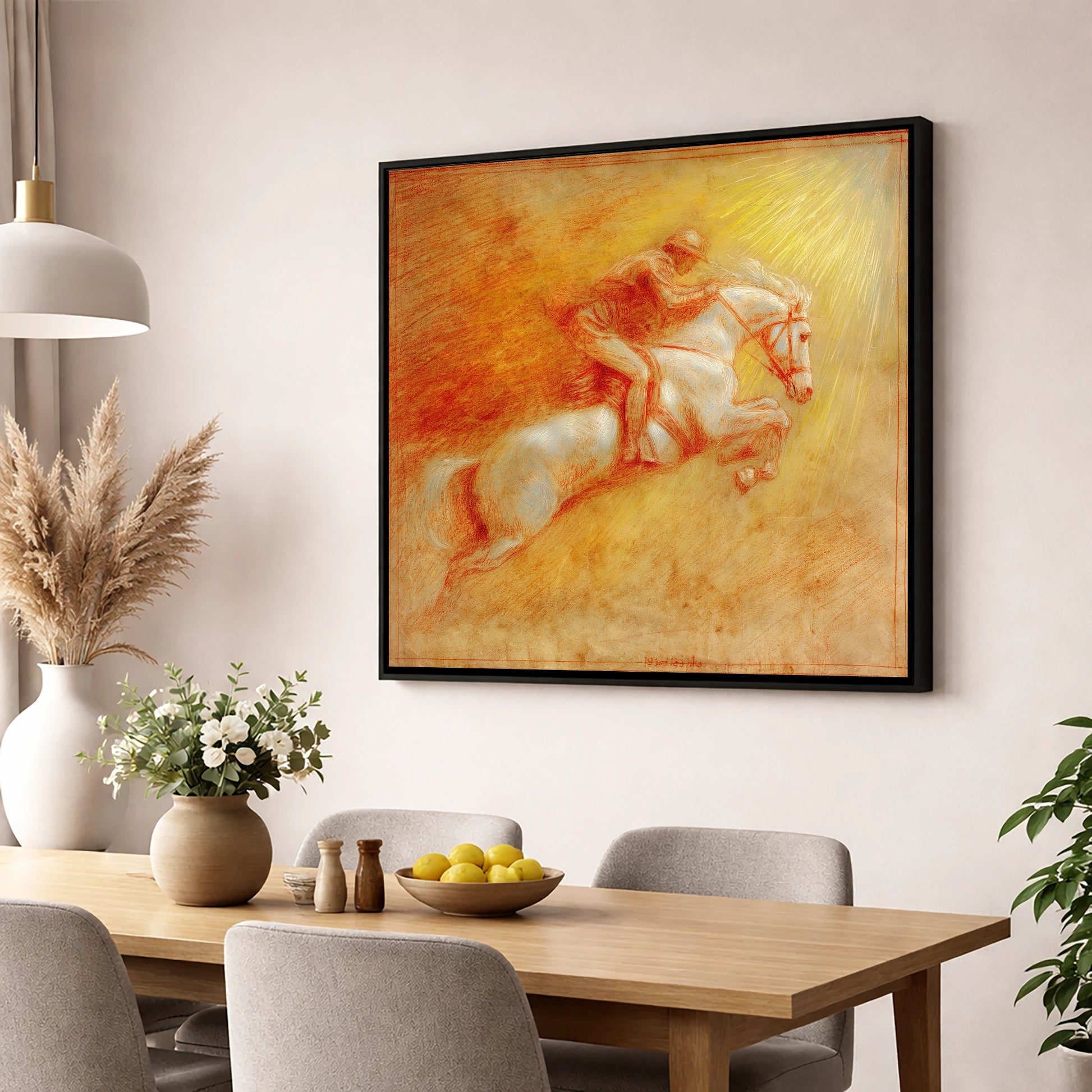 Ascent Into Light show jumping horse wall art displayed in a dining room