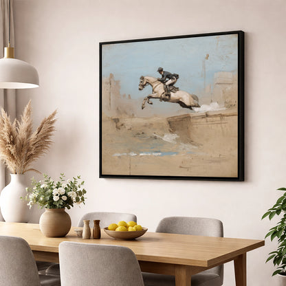 Clearing the Bank show jumping horse wall art displayed in a dining room