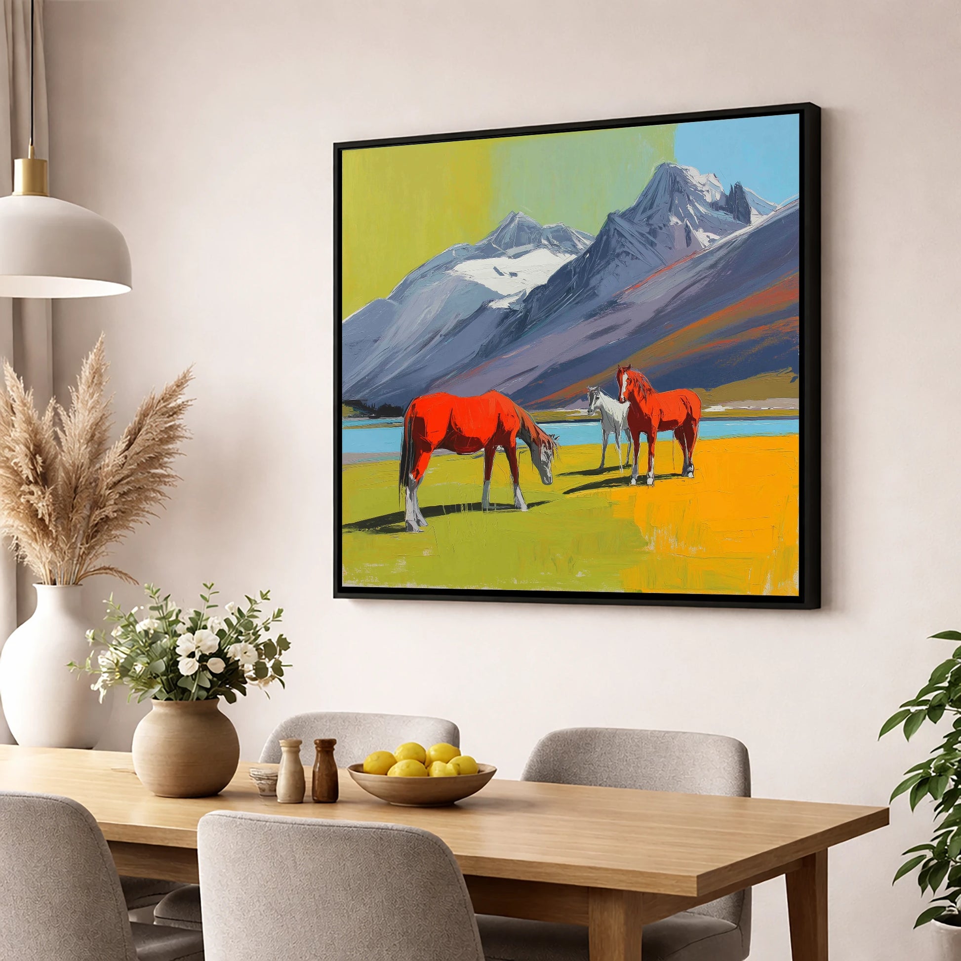 Vibrant Mountain Grazing horse landscape wall art displayed in a dining room
