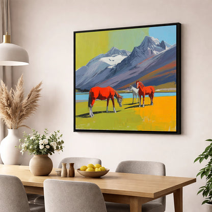 Vibrant Mountain Grazing horse landscape wall art displayed in a dining room