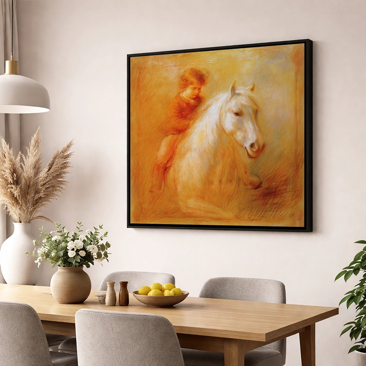 The Bareback Bond horse & rider wall art displayed in a dining room