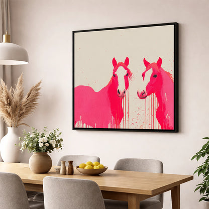 Vivid Pink Companions horse landscape wall art displayed in a dining room