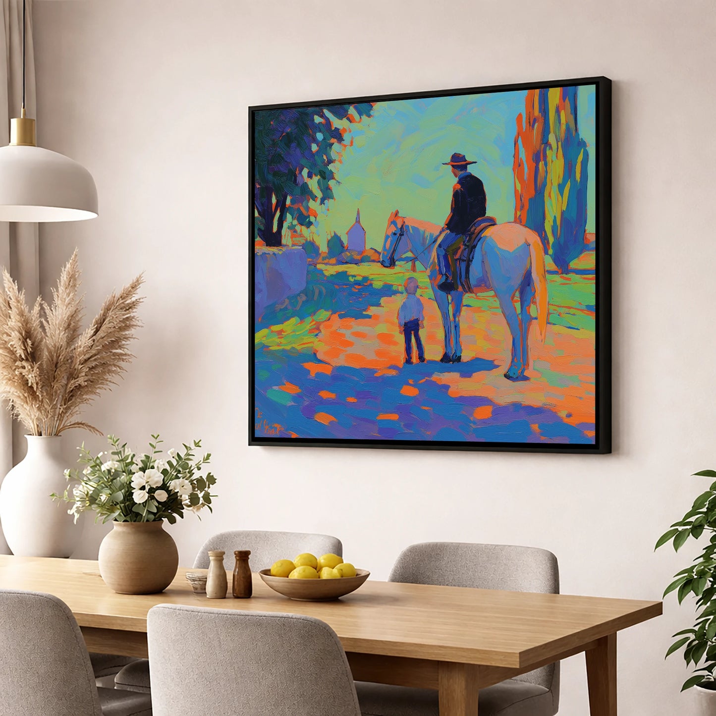 The Young Admirer horse & rider wall art displayed in a dining room