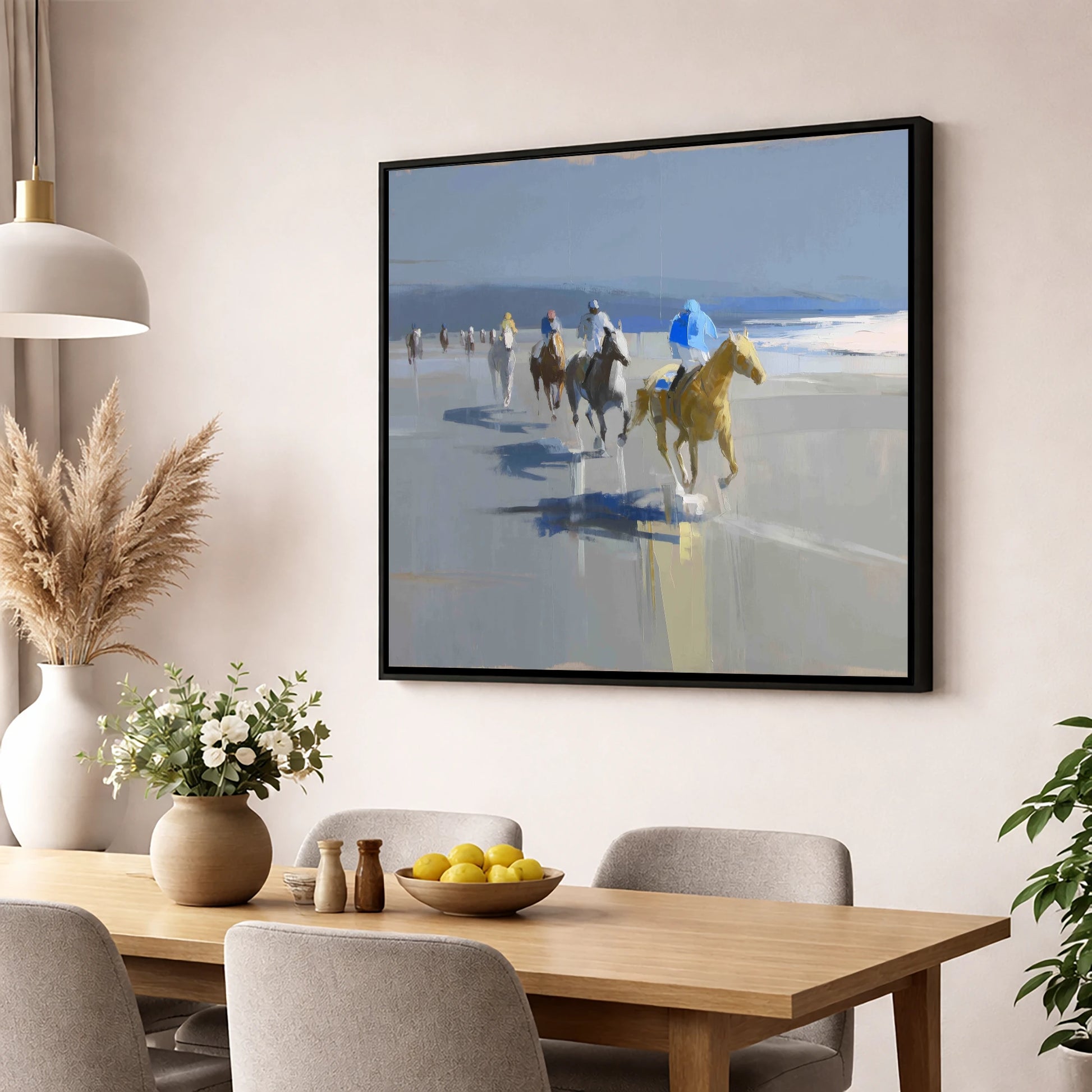 Coastal Morning String racing horse wall art displayed in a dining room