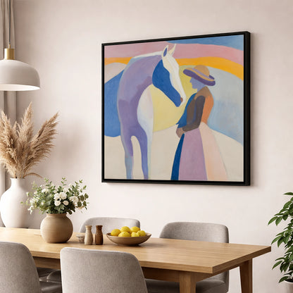 The Quiet Encounter horse & rider wall art displayed in a dining room
