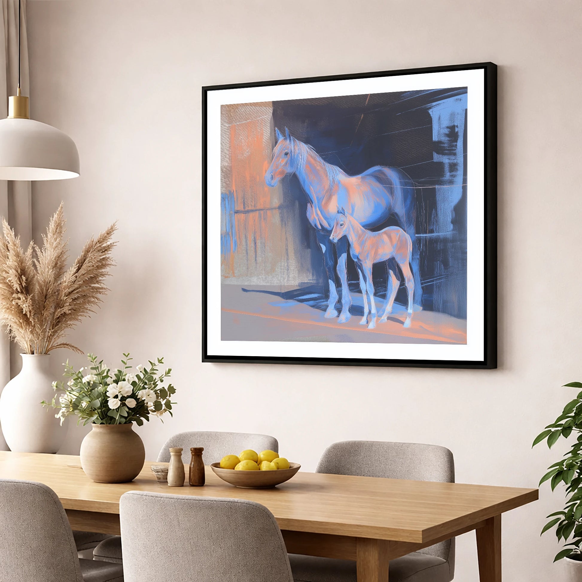 Luminous Mare And Foal mare & foal wall art displayed in a dining room