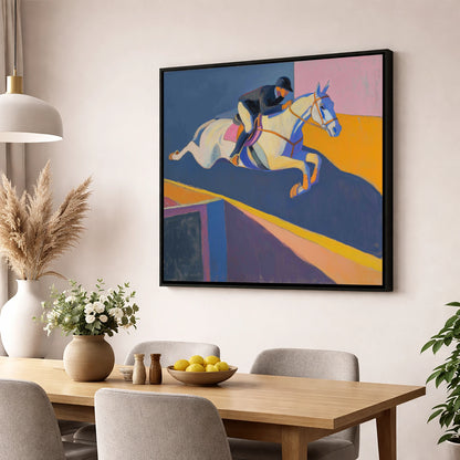 Bold Flight show jumping horse wall art displayed in a dining room