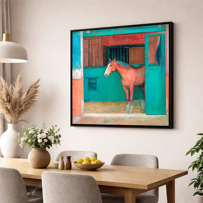 The Emerald Stable Door horse stable wall art displayed in a dining room