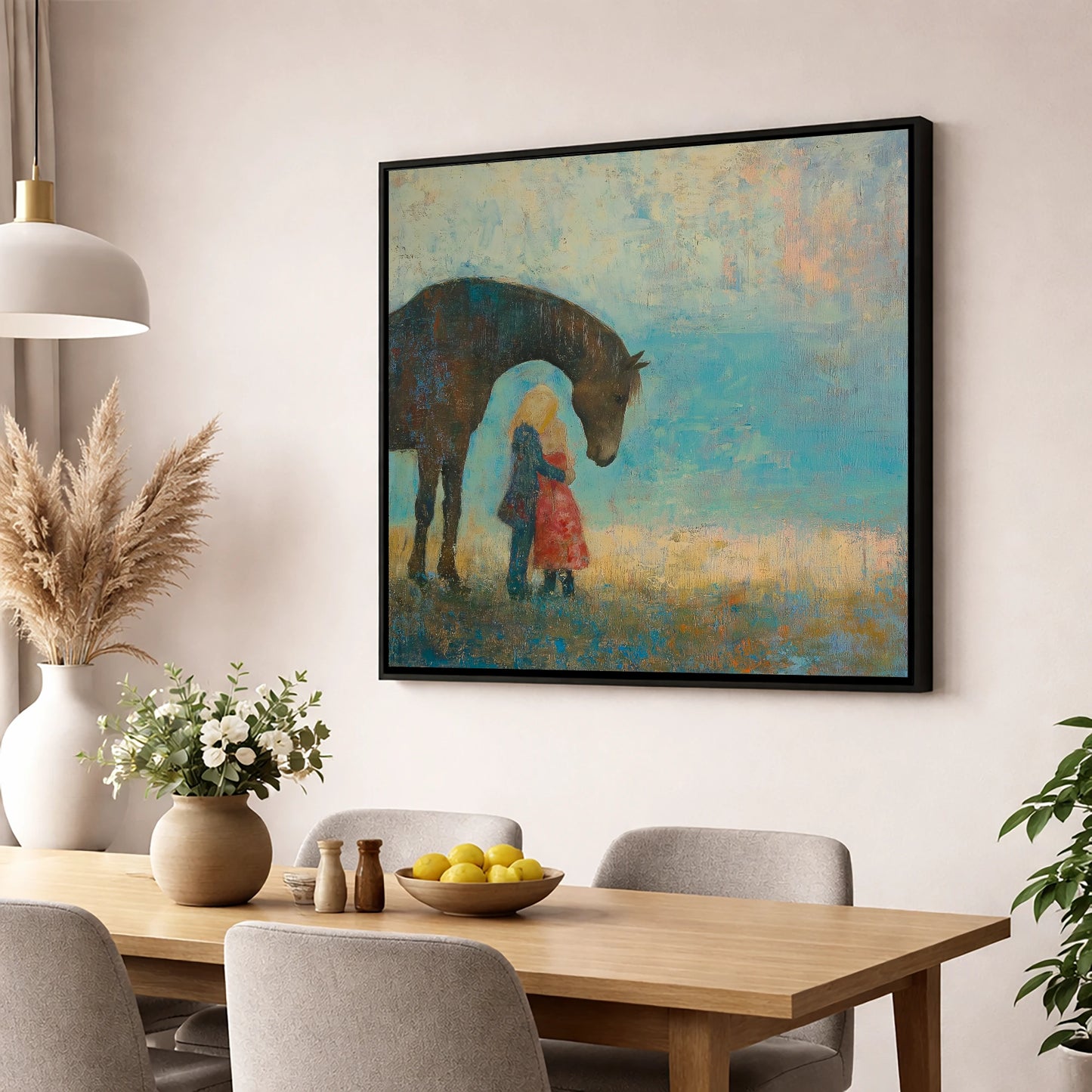A Quiet Guardian horse & rider wall art displayed in a dining room