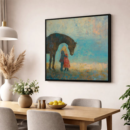 A Quiet Guardian horse & rider wall art displayed in a dining room