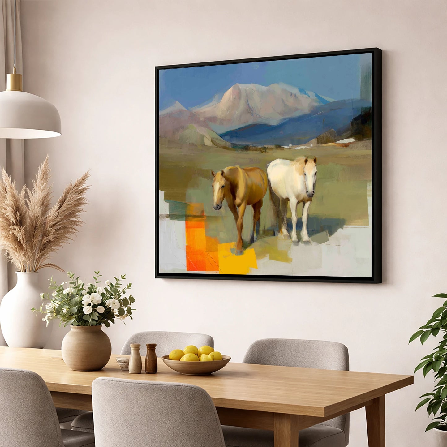 Abstract Alpine Companions horse landscape wall art displayed in a dining room